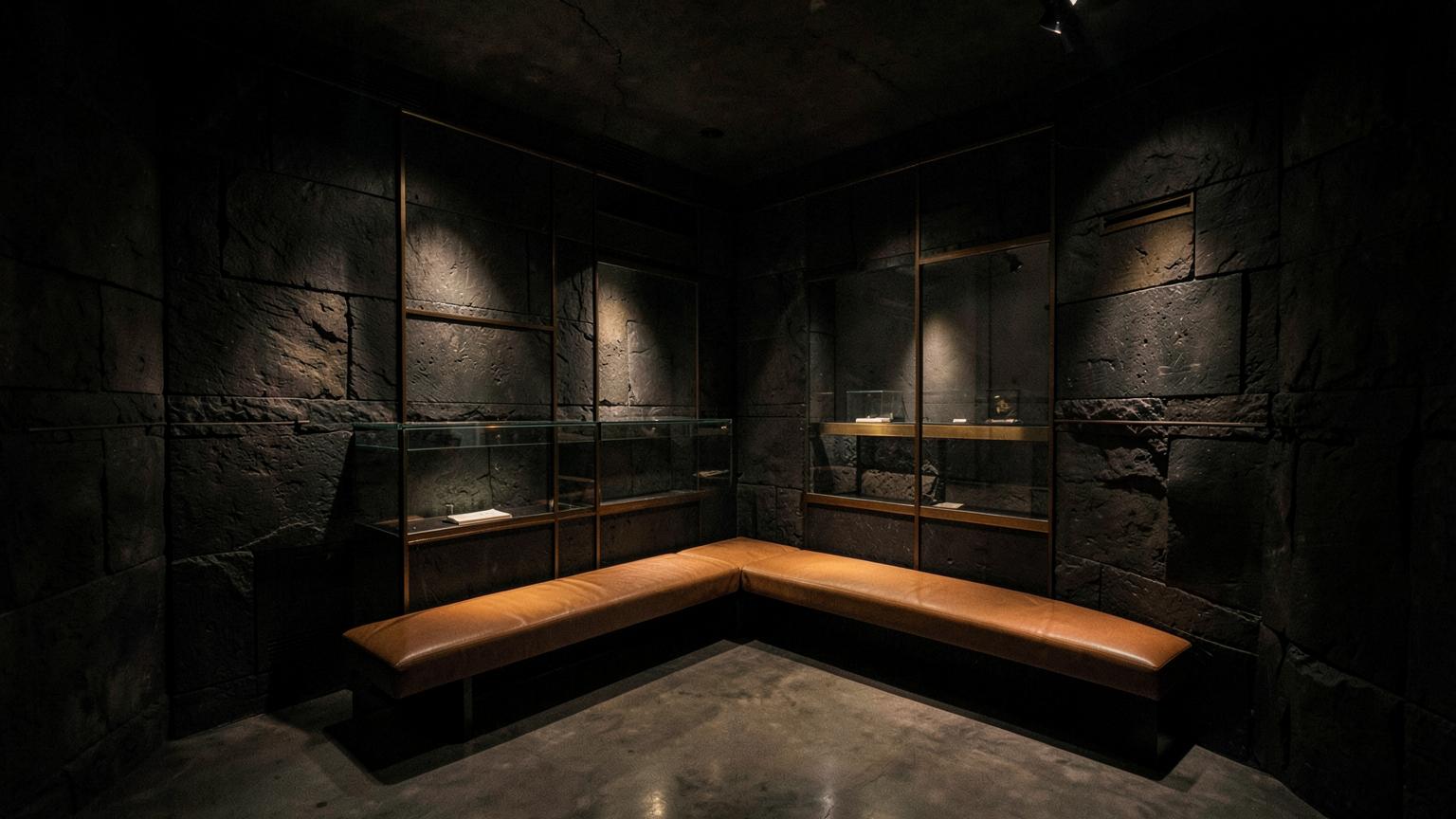 Dimly lit private gallery room with lit display cases and a leather bench