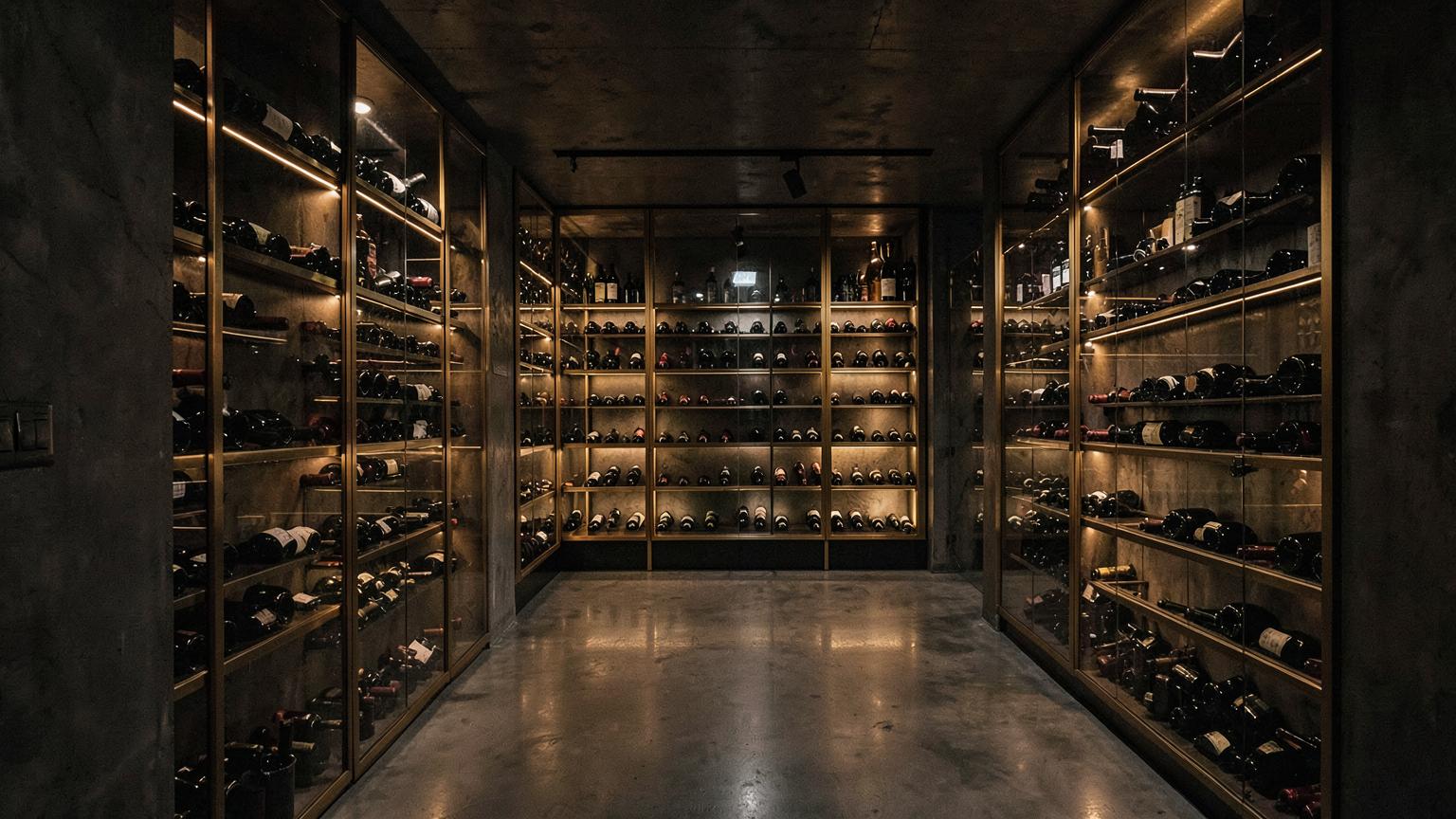 Underground wine cellar with backlit brass and glass racks in warm low light